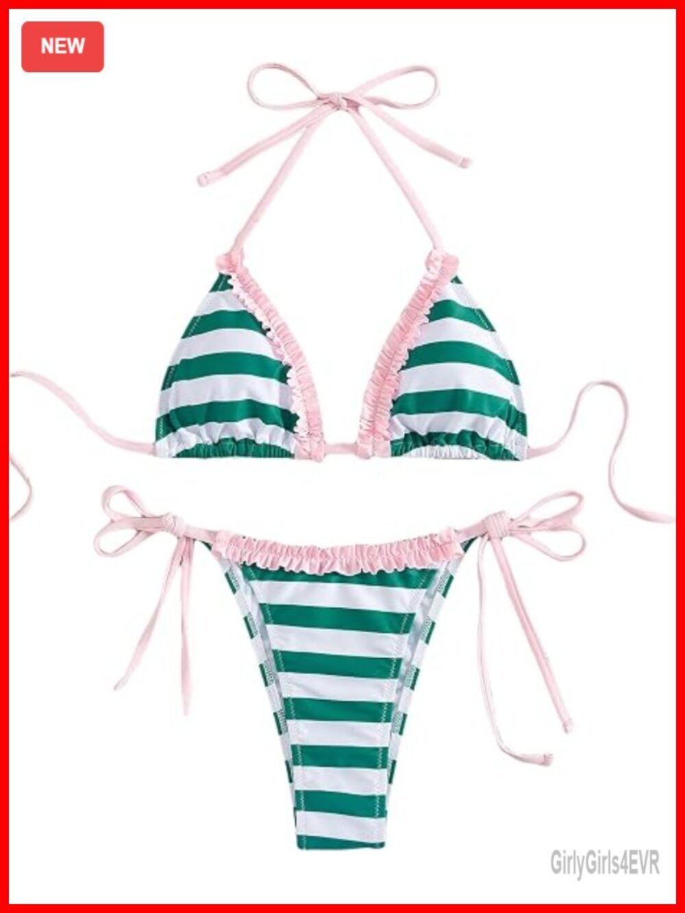 High Waist Striped Print Bikini Set Ruffle Trim Halter Adjustable Straps